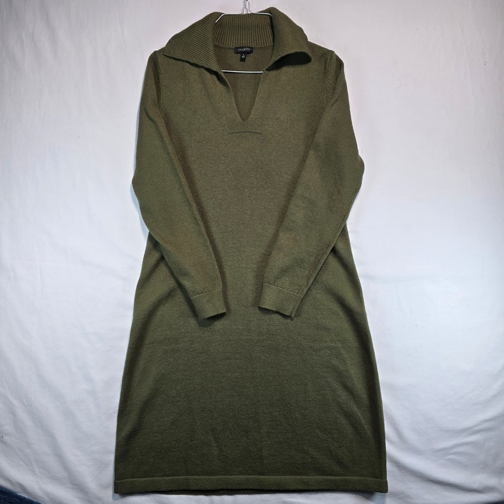 Talbots Womens Olive‎ Green Long Sleeve V-Neck Polo Collar Sweater Dress Small
